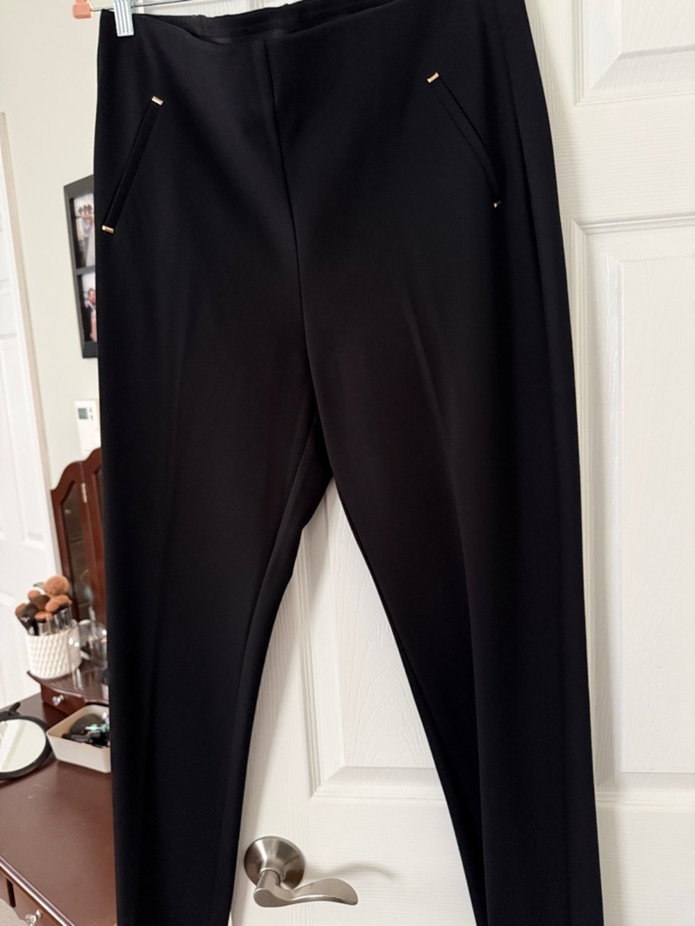 Chico's Slim Black Ponte Pull-On Pants with Gold Trim